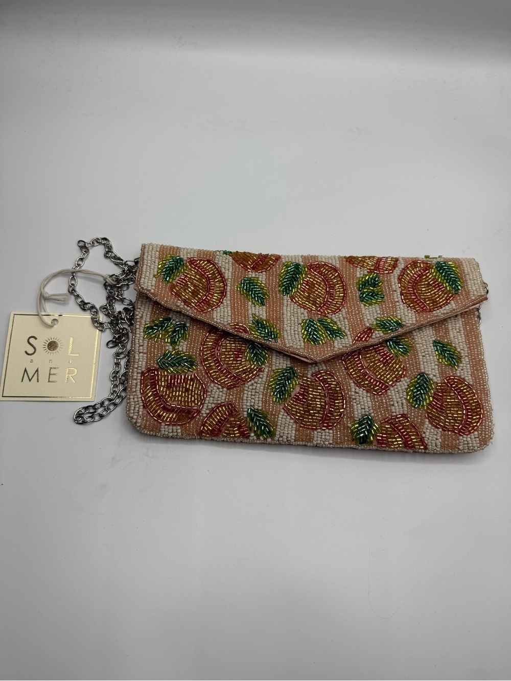 Sol and Mer NWT Beaded Peach Fruit Clutch Crossbody Bag Pink